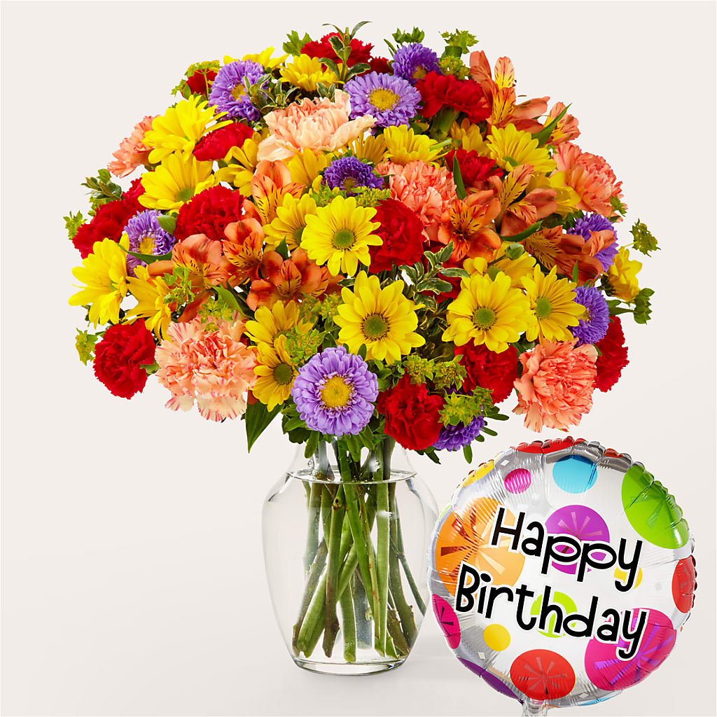 Kaleidoscope Bouquet with Birthday Balloon – KILBY'S FLORIST, Kannapolis NC