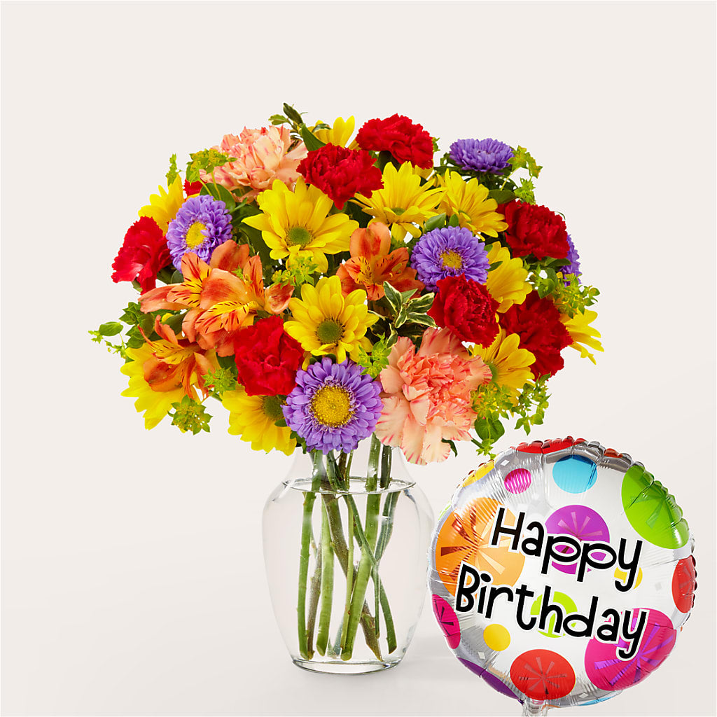 Kaleidoscope Bouquet with Birthday Balloon – KILBY'S FLORIST, Kannapolis NC