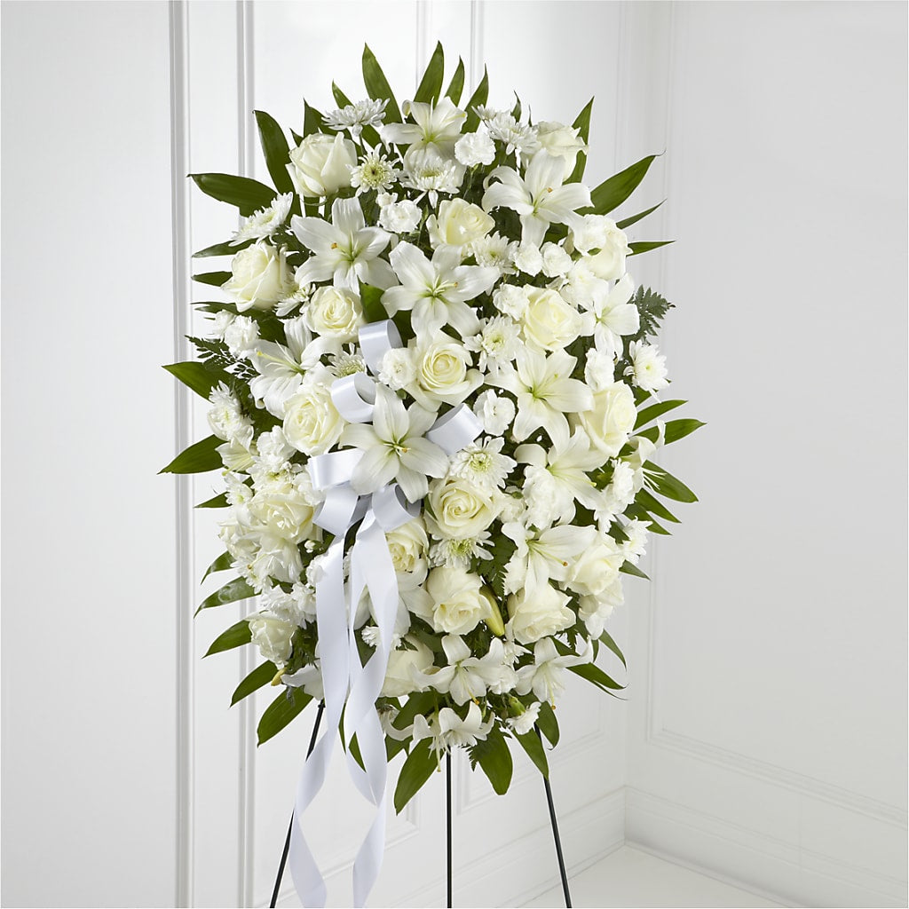 Exquisite Tribute Standing Spray-White Ribbon – KILBY'S FLORIST, Kannapolis NC