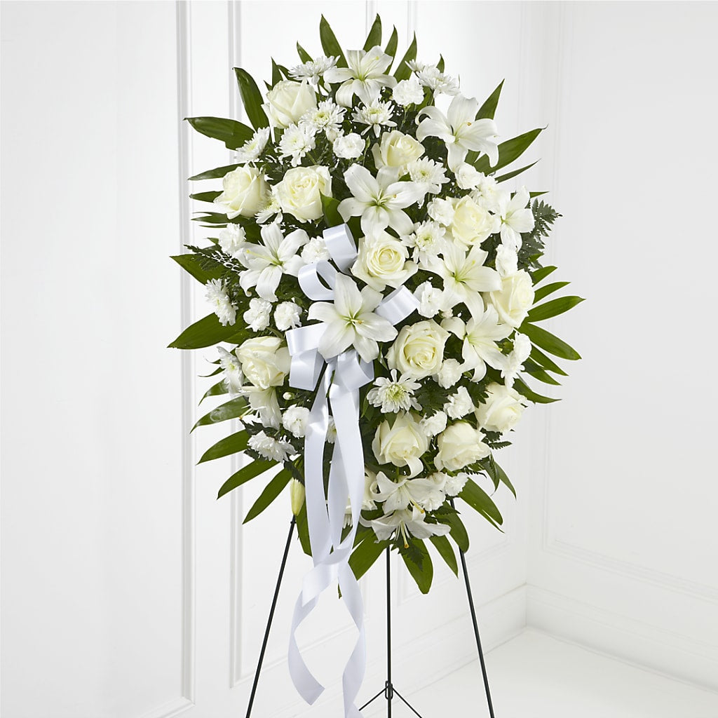Exquisite Tribute Standing Spray-White Ribbon – KILBY'S FLORIST, Kannapolis NC
